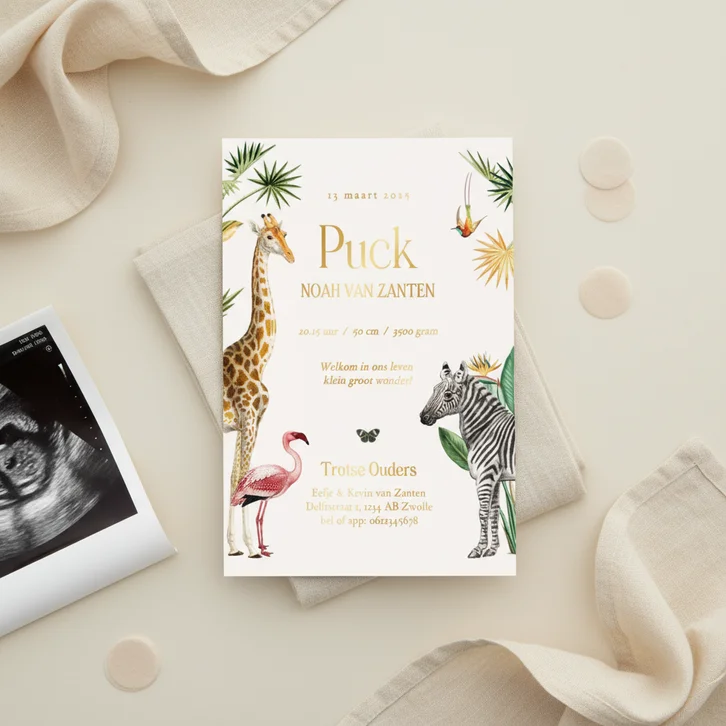 Enkele geboortekaartjes met jungle dieren en goud