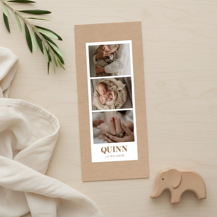 Fotocollage geboortekaartje in photobooth stijl kraftpapier