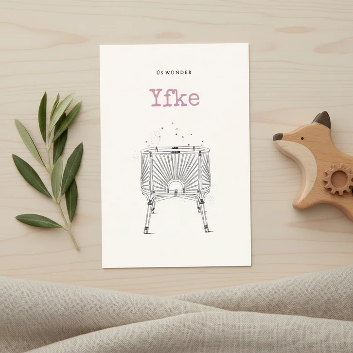 Fries geboortekaartje met rotan wiegje en sterretjes