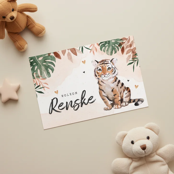 Fries geboortekaartje tijger jungle waterverf meisje