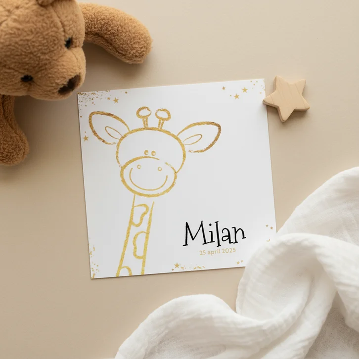 Geboorte hip kaartje met goudkleurig lief girafje