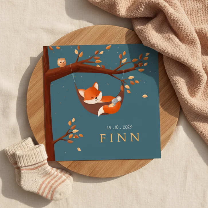 Geboorte jongen bosdieren stijlvol vosje in hangmat in boom