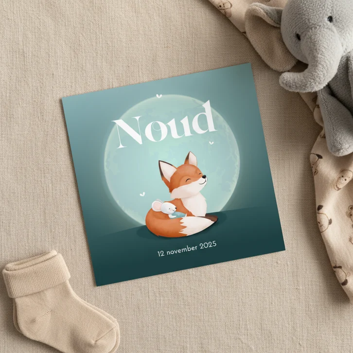 Geboorte jongen sfeervolle maan met vosje en kleine muis