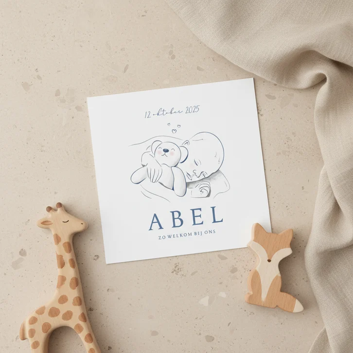 Geboorte jongetje realistische illustratie baby met beertje