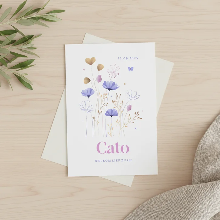 Geboorte meisje illustratie wilde heidebloemen met vlinder