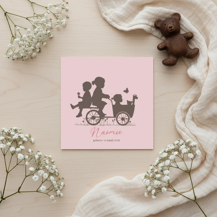 Geboortekaart bakfiets baby meisje met grote zus en broer