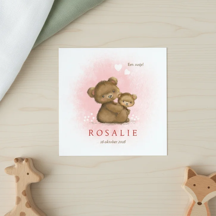 Geboortekaart beren tussen bloempjes roze