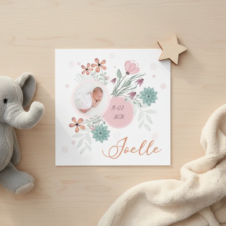 Geboortekaart bloemen en cirkel voor babyfoto