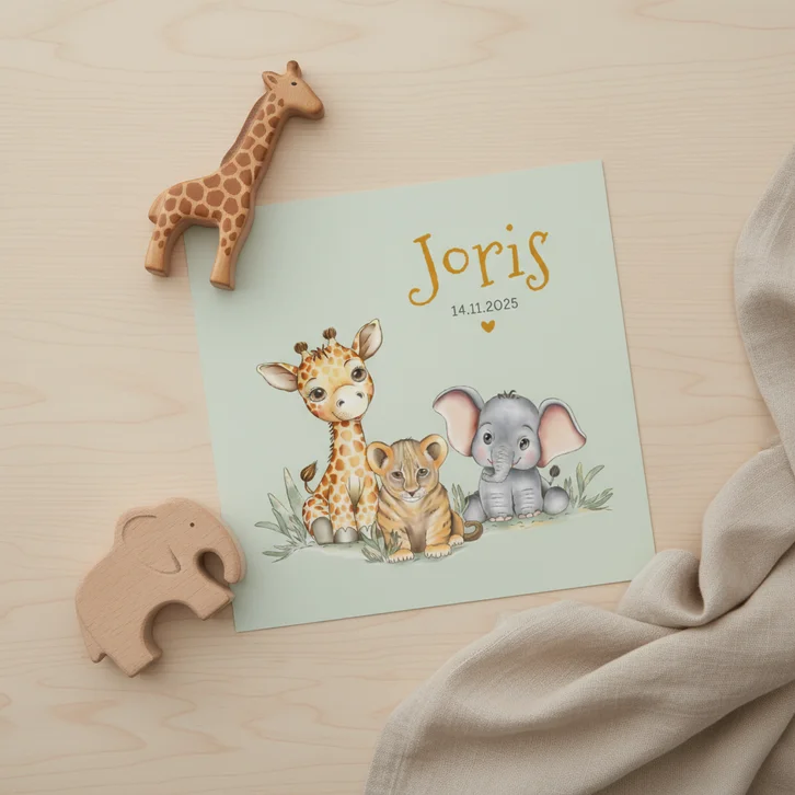 Geboortekaart giraf leeuw olifant groene achtergrond