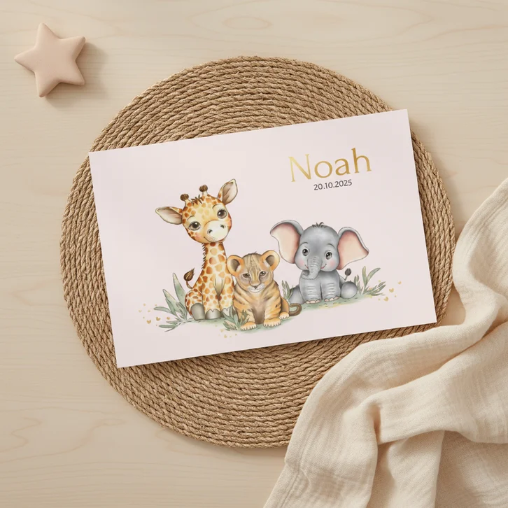 Geboortekaart girafje olifantje en leeuwtje