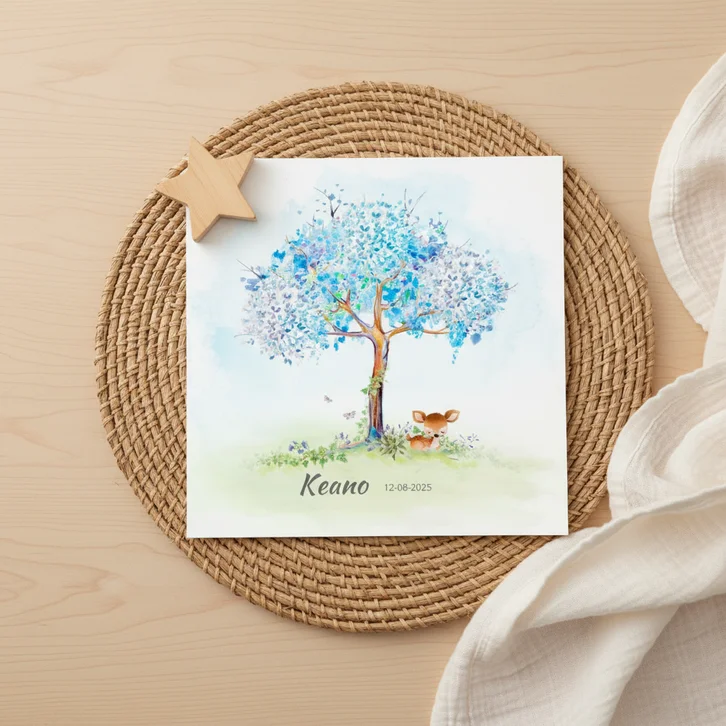 Geboortekaart hertje met boom-jongen