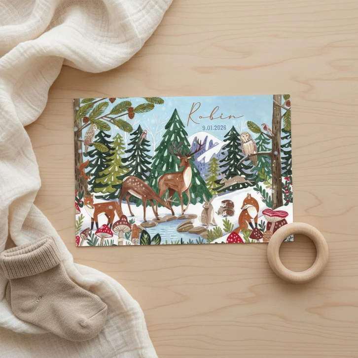 Geboortekaart hertjes en vosje in winter landschap