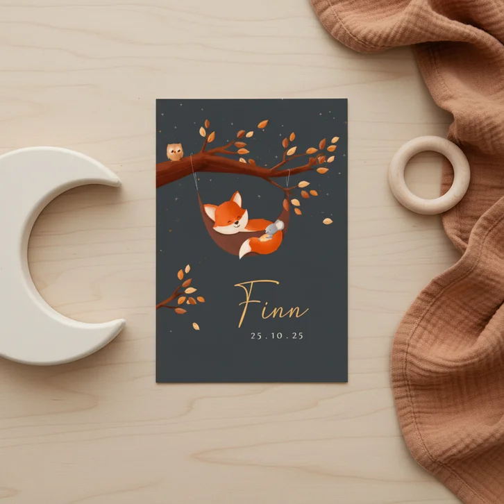 Geboortekaart jongen bosdieren vosje in hangmat in boom