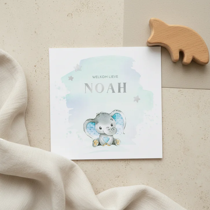 Geboortekaart jongen olifantje waterverf