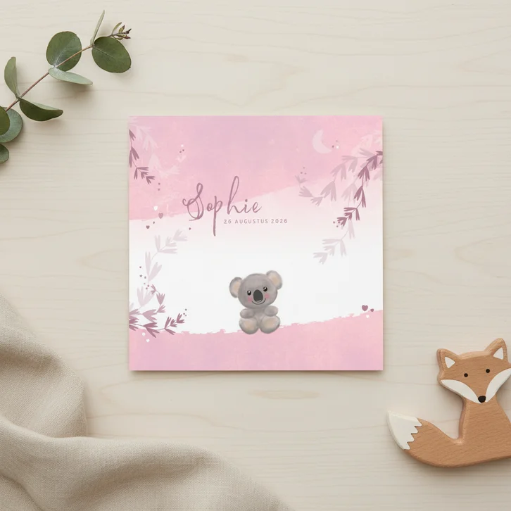 Geboortekaart meisje lief koalabeertje hartjes sterren maan