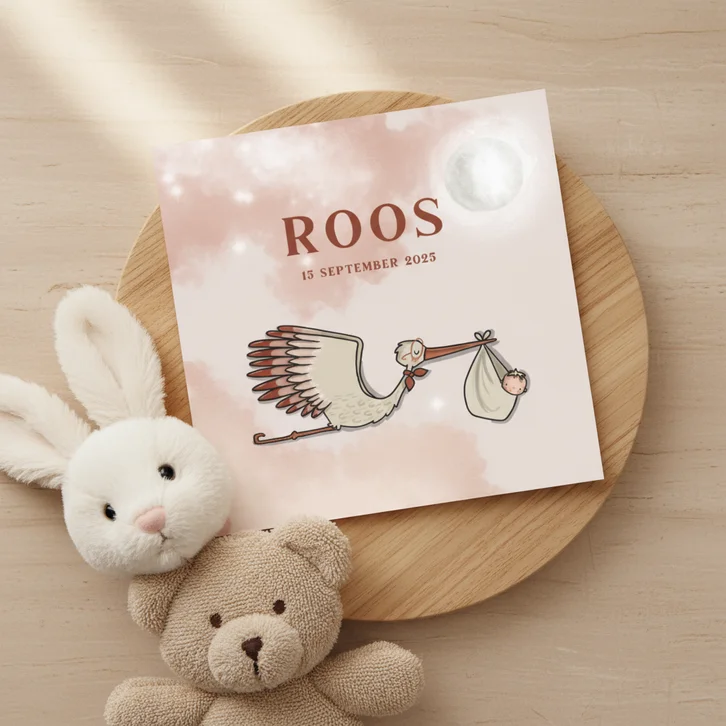 Geboortekaart meisje ooievaar bij maan