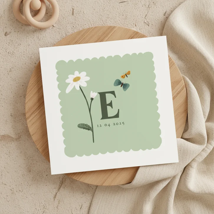 Geboortekaart met geboortebloem april: madeliefje