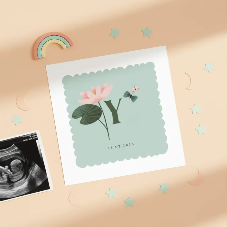Geboortekaart met geboortebloem juli: waterlelie
