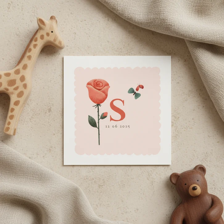 Geboortekaart met geboortebloem van juni: roos