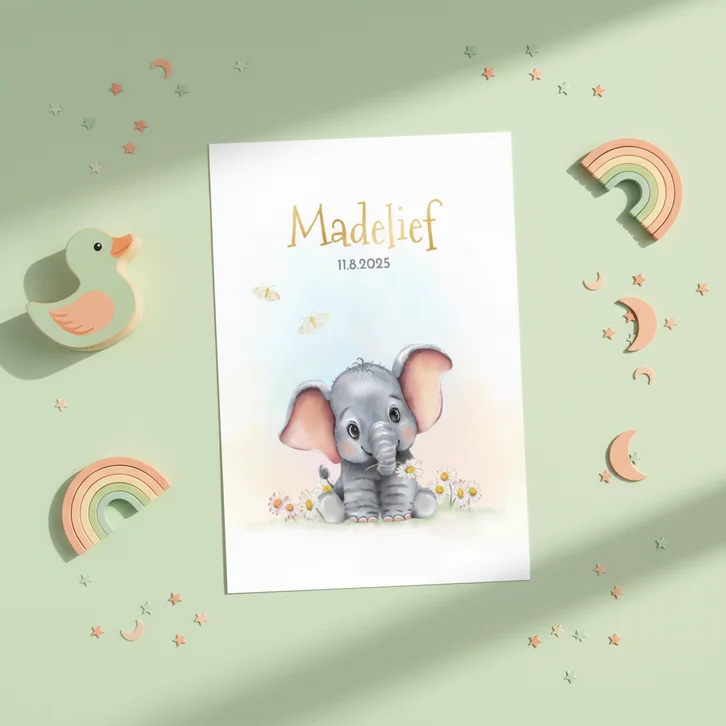 Geboortekaart olifantje met vlindertjes