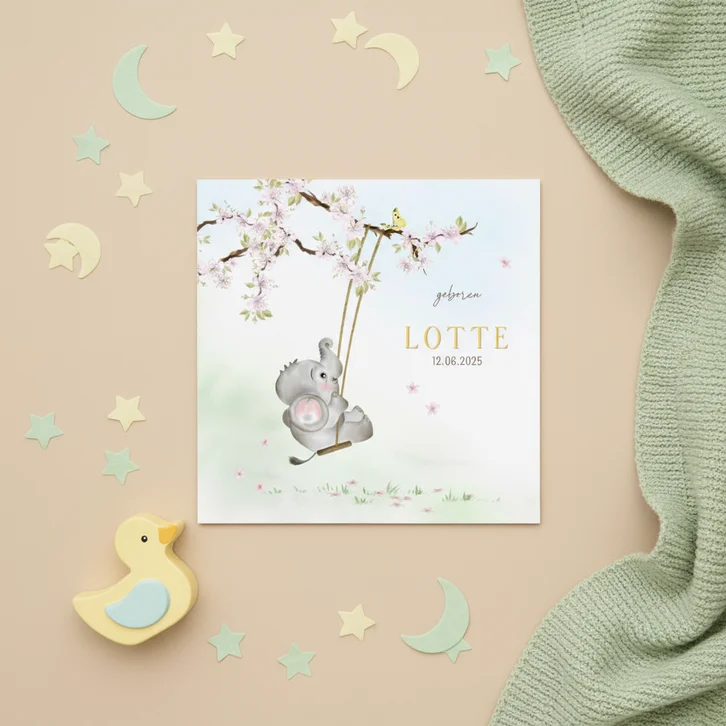 Geboortekaart olifantje op de schommel