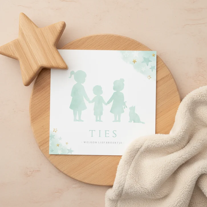 Geboortekaart voor een klein broertje met 2 zussen en poes