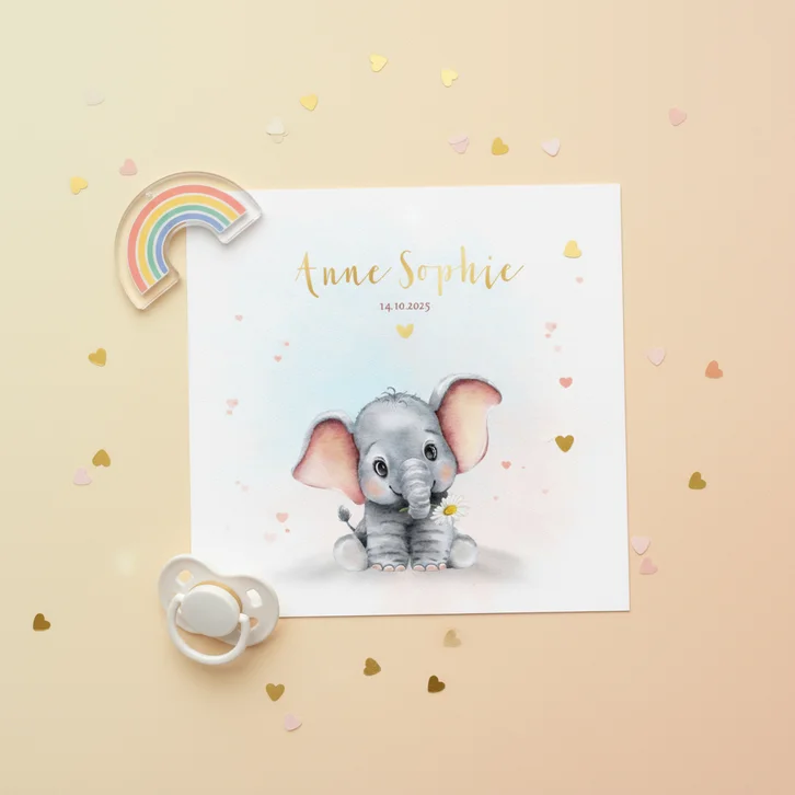 Geboortekaart waterverf olifantje met hartjesconfetti