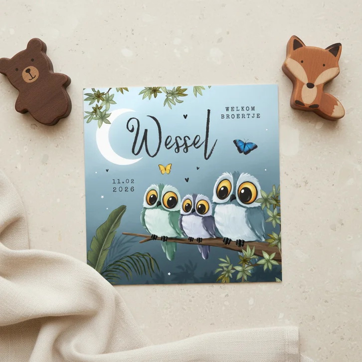 Geboortekaartje 3e kindje jongen uiltjes dieren nacht maan