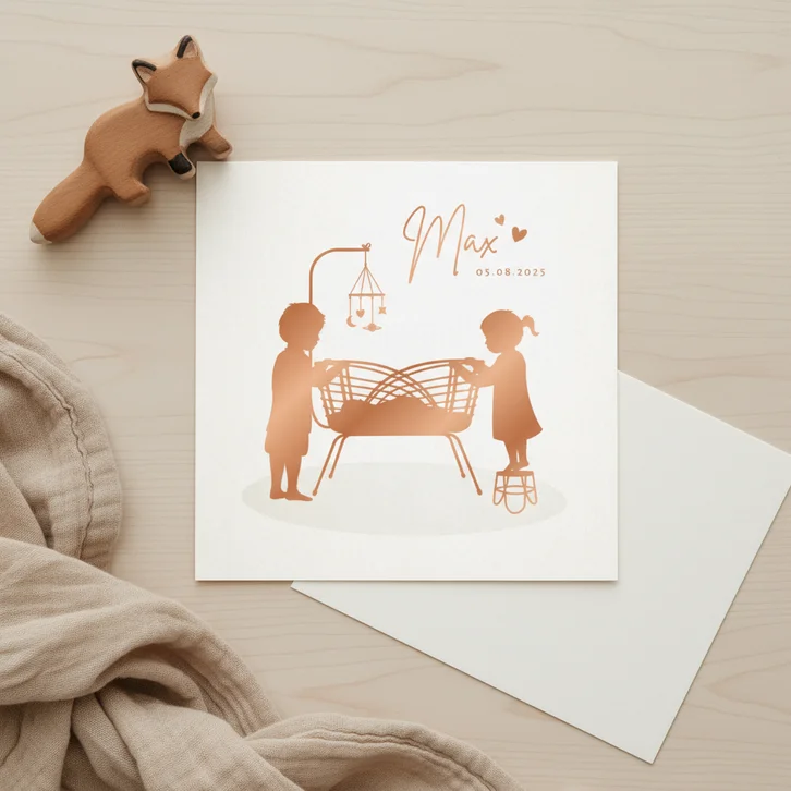 Geboortekaartje 3e kindje met silhouetten bij rotan wiegje