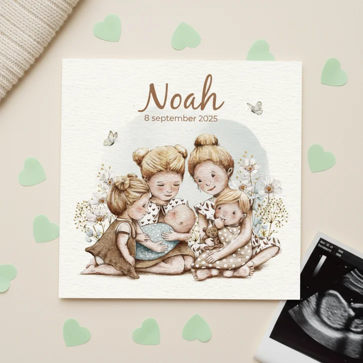 Geboortekaartje 5e broertje met groot gezin in bloemenweide