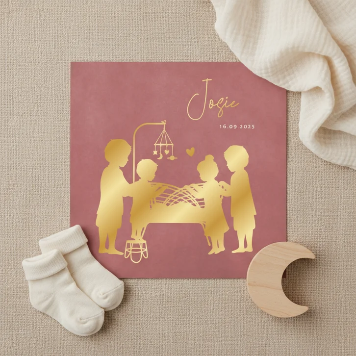 Geboortekaartje 5e kindje met silhouet van gezin en wiegje