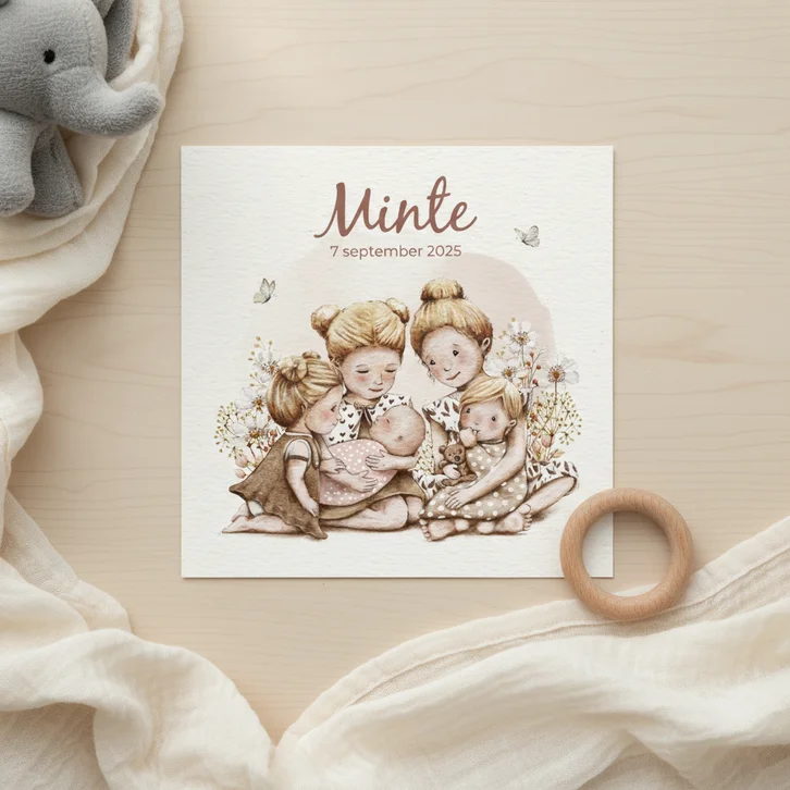 Geboortekaartje 5e zusje met groot gezin in bloemenweide