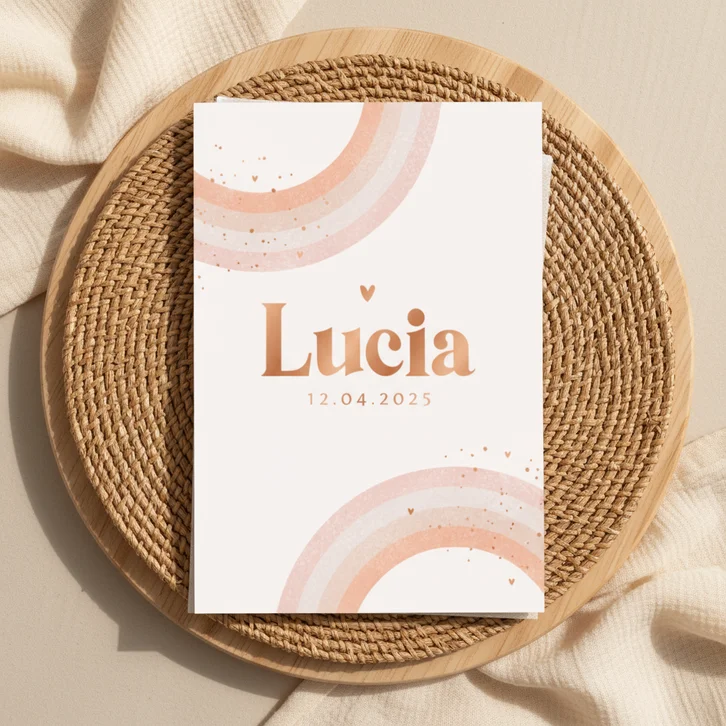 Geboortekaartje abstract regenboog pastel hartjes koper