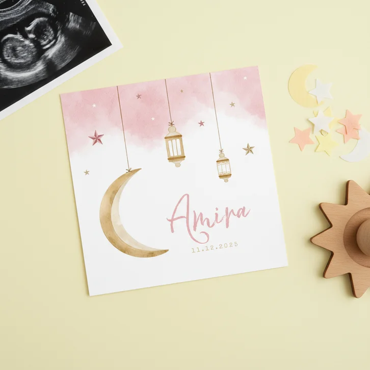 Geboortekaartje Arabisch meisje maan sterren windlichtjes
