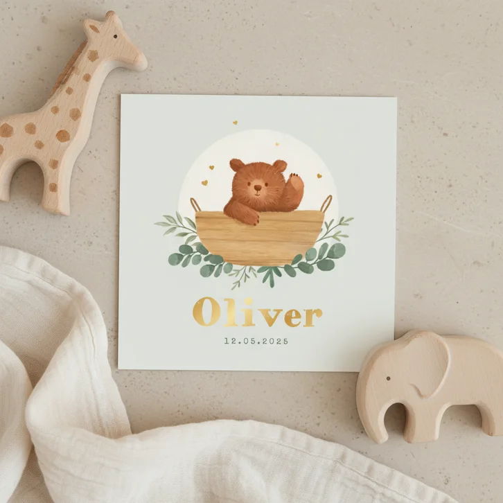 Geboortekaartje baby beertje origineel hartjes goud