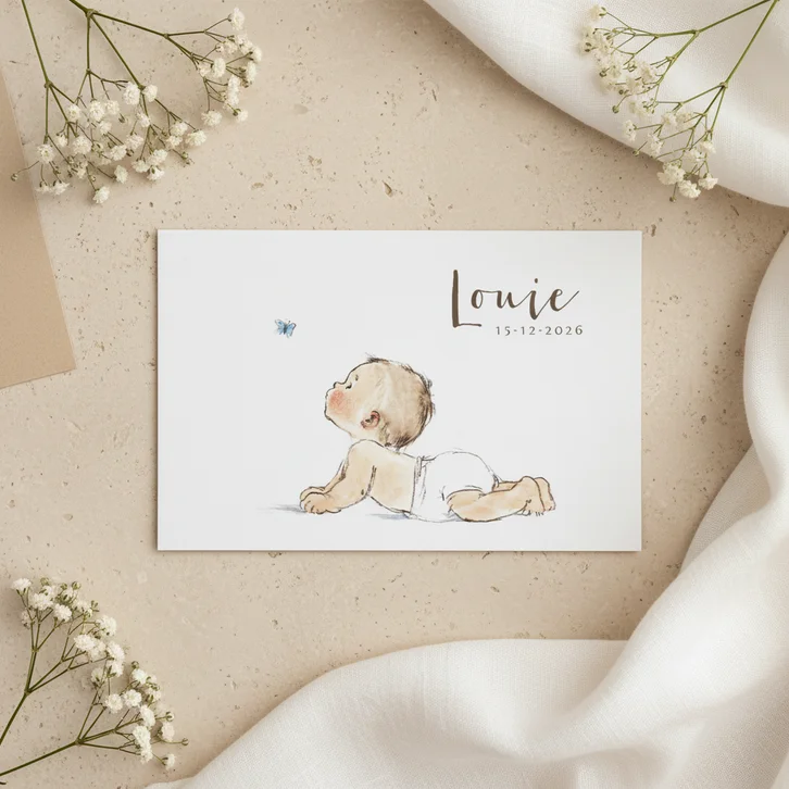 Geboortekaartje baby kijkend naar een blauwe vlinder