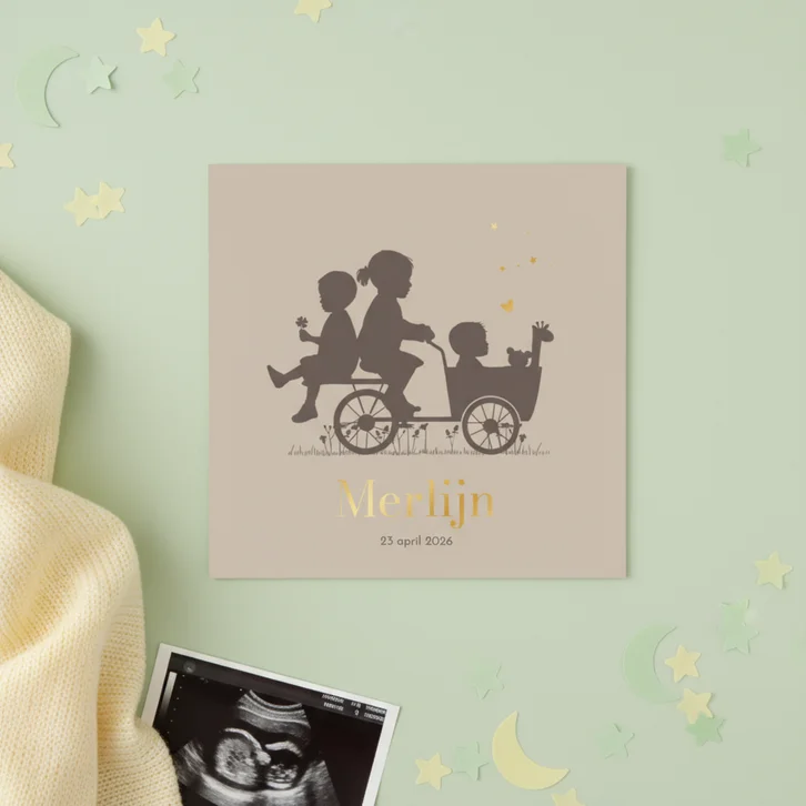 Geboortekaartje bakfiets met kinderen giraf