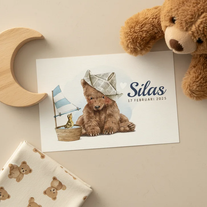 Geboortekaartje beer met papieren hoedje en eendje in water