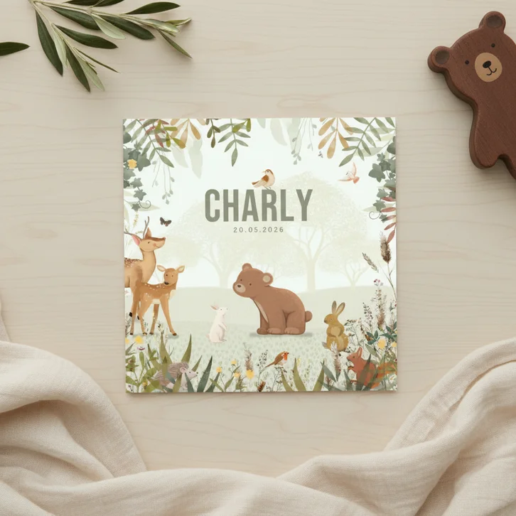 Geboortekaartje beer met takjes en dieren