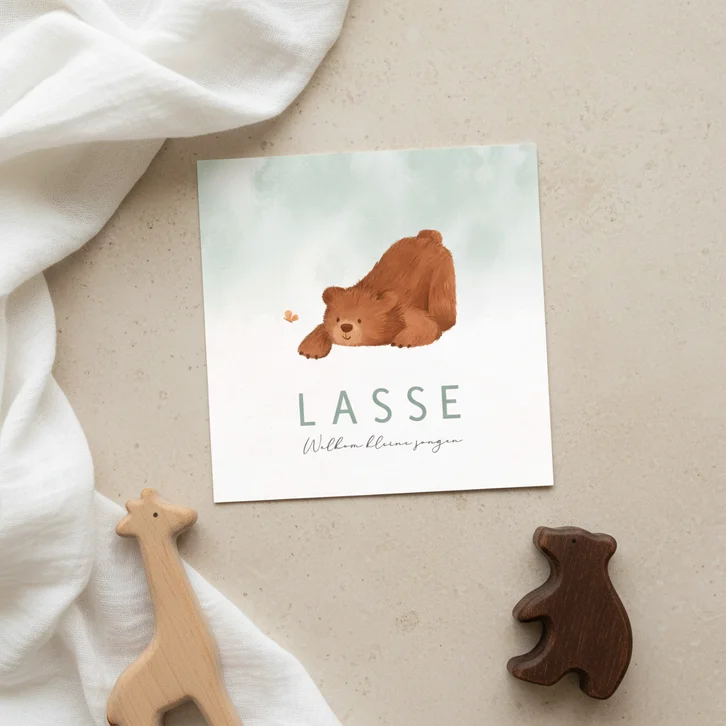 Geboortekaartje beer vlinder waterverf groen lief