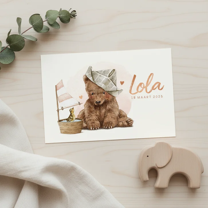 Geboortekaartje beertje en eendje op waterverf achtergrond