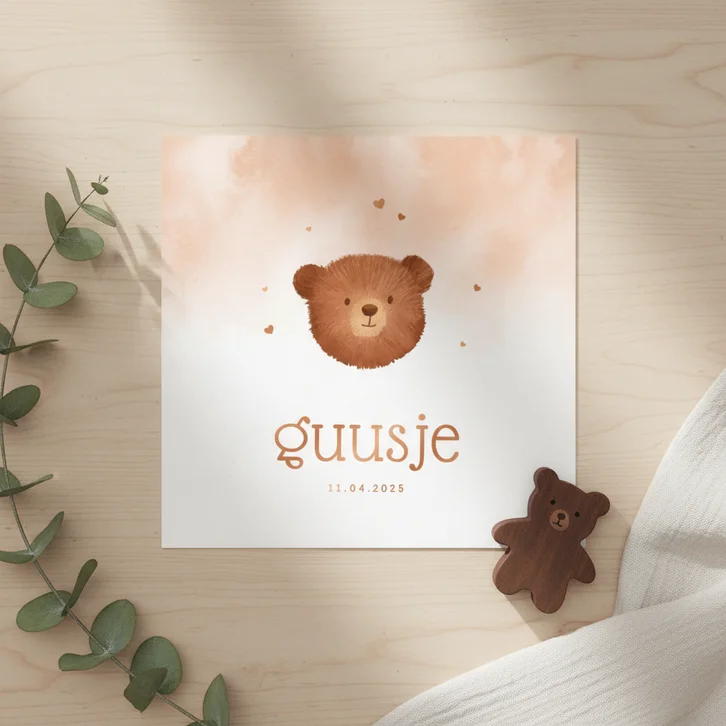 Geboortekaartje beertje schattig hoofdje meisje hartjes verf