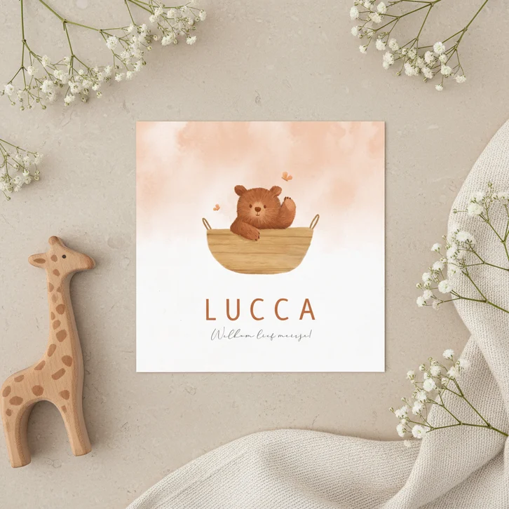 Geboortekaartje beertje wiegje waterverf vlinders lief