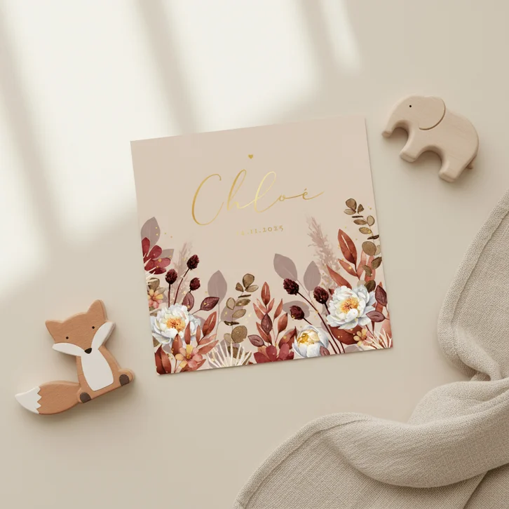 Geboortekaartje beige droogbloemen waterverf zand