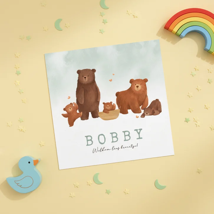 Geboortekaartje beren familie broertje dieren waterverf
