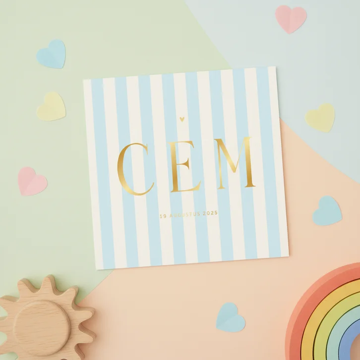 Geboortekaartje blauw beige gestreept goudfolie vierkant