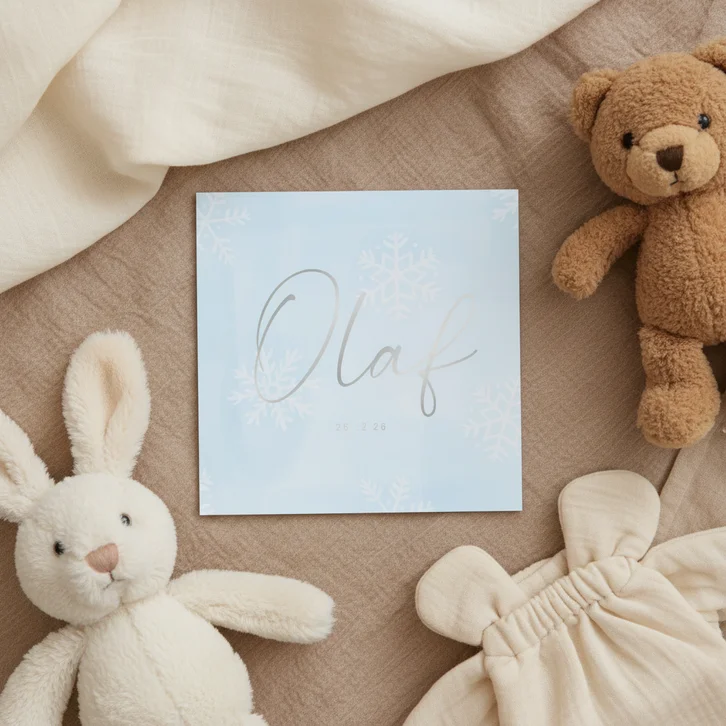 Geboortekaartje blauw met sneeuwvlokjes winter