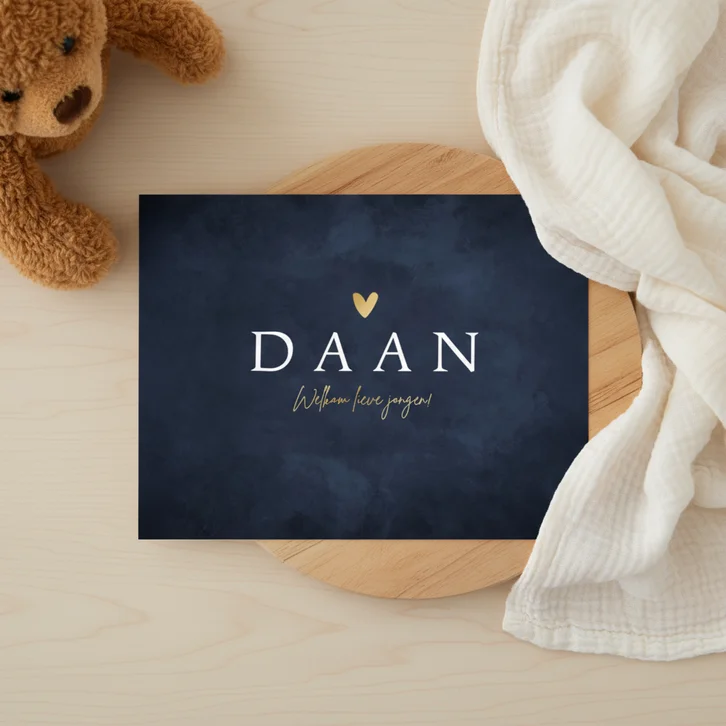 Geboortekaartje blauw stijlvol goud hartje jongen