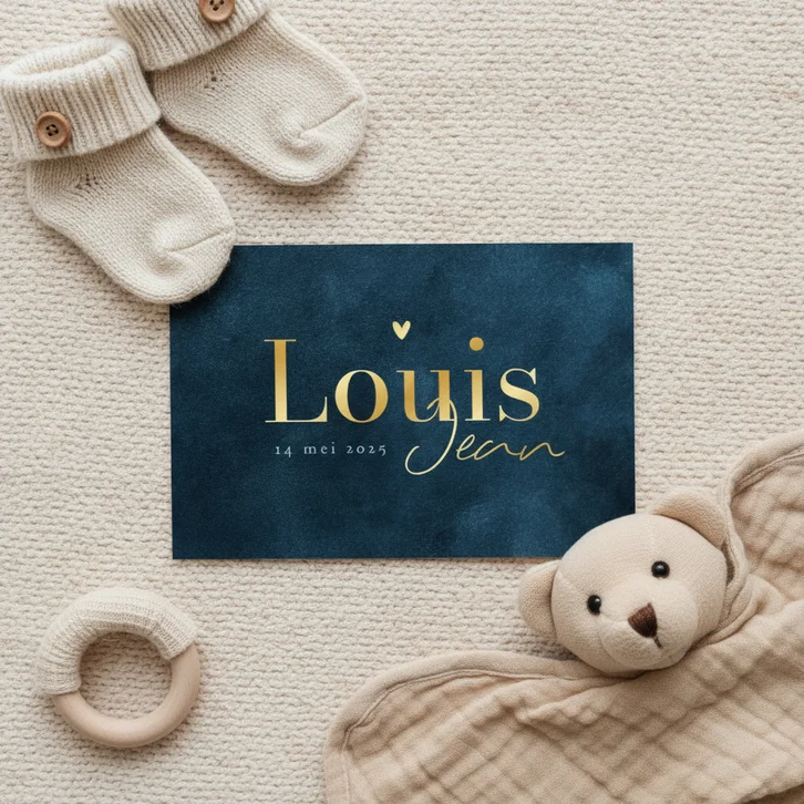 Geboortekaartje blauw stijlvol hartje goud