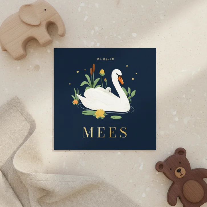 Geboortekaartje blauw zwaan waterlelie groen stijlvol goud
